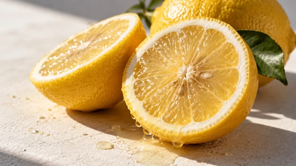 Halbierte Zitronen, der Saft glänzt in der Sonne